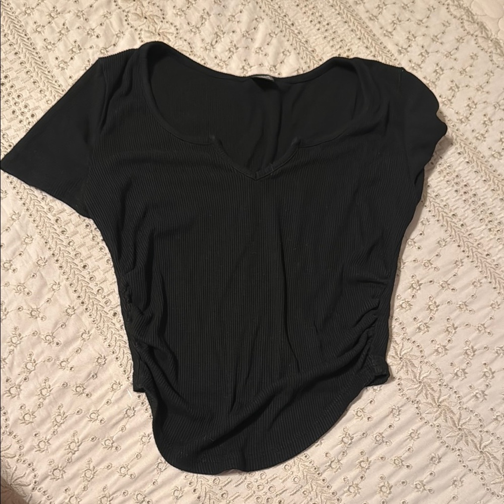 SHEIN Black Asymmetrical Ruched Short Sleeve Tee